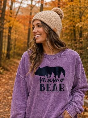 Mama Bear Acid Wash Pullover Sweatshirt Medium Purple Graphic Crewneck
